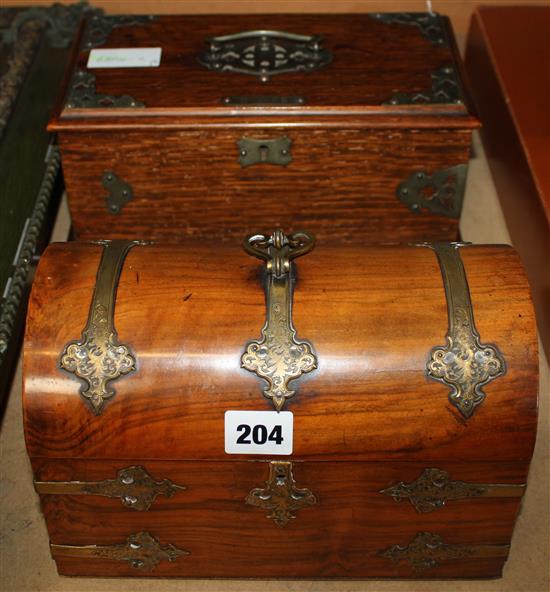 Victorian walnut and brass-bound stationery box & an oak cigar box